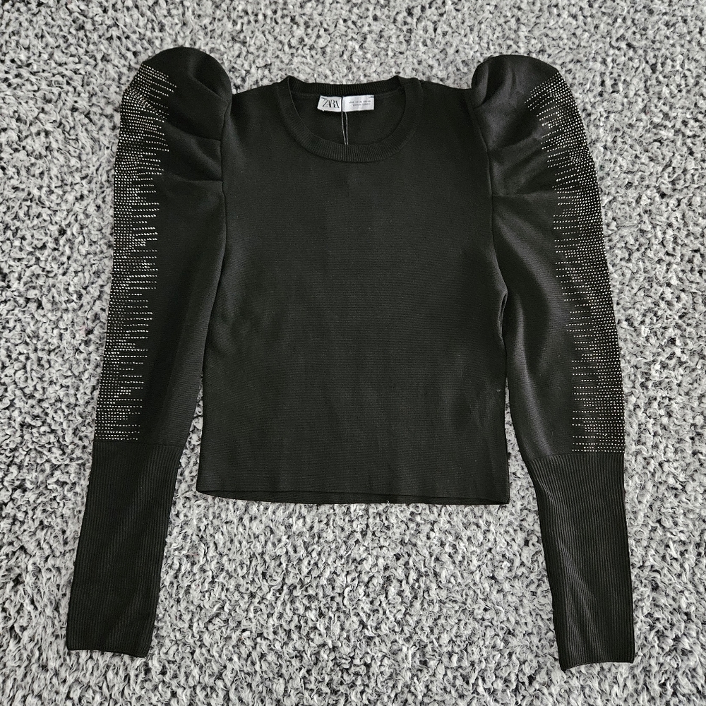 Zara Women's Black Sweater Medium Long Puff Sleeve Embellished Sparkly Knit Top - Picture 6 of 14